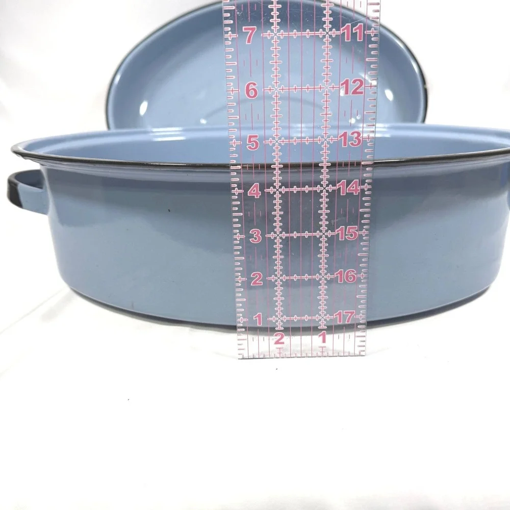 Vintage Enamelware Oval Roasting Pan with Lid Blue Farmhouse Large 16.5in Roastr